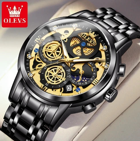 OLEVS 9947 Men's Watches Top Brand Chic Original Waterproof Quartz Watch for Man Gold Skeleton Style 24 Hour Day Night Clock