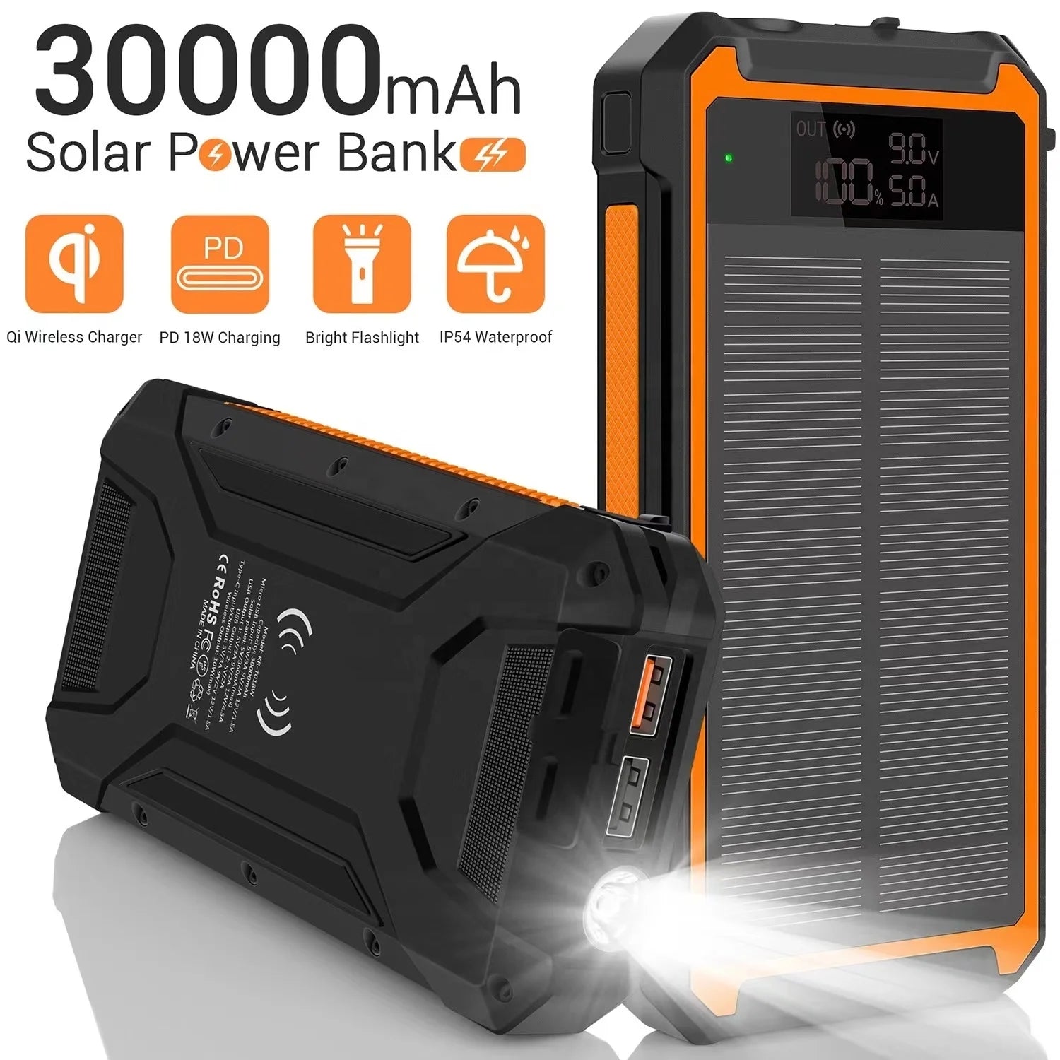 2025 Best Selling Fast Charging Waterproof Solar Power Bank 30000mAh 10W Wireless Charge Battery Watt  LED DisplayFlashlights
