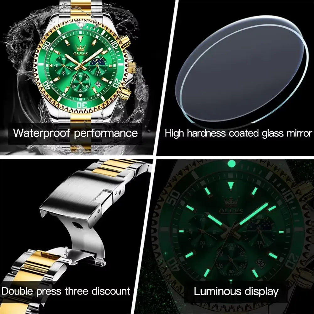 OLEVS 2870 Luxury Quartz Watch for Men Stainless Steel Waterproof Top Men's Watches Moon Phase Date Chronograph Sports Man Watch