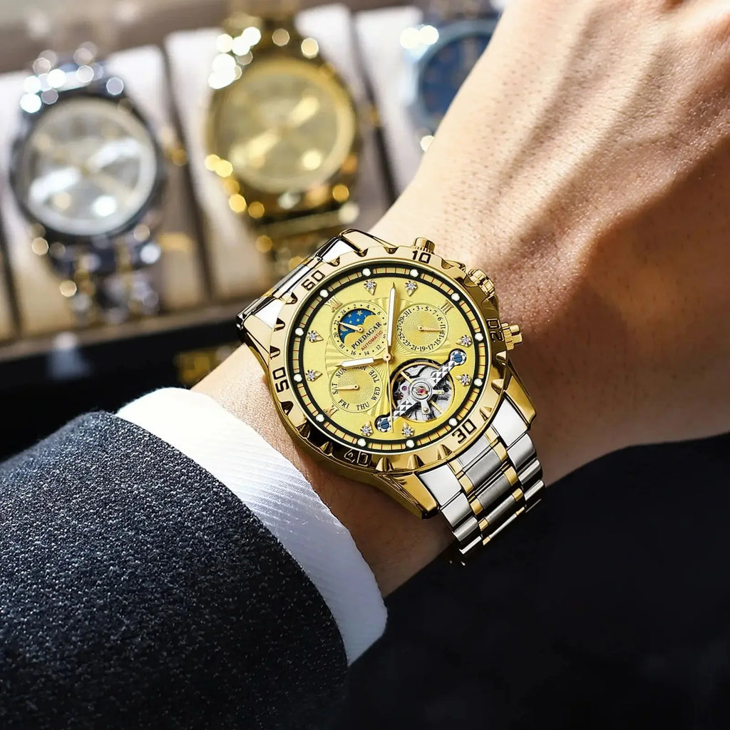 POEDAGAR 1412 Luxury Automatic Mechanical Tourbillon Waterproof Luminous Date Week Men Wristwatch Stainless Steel Men's Watches