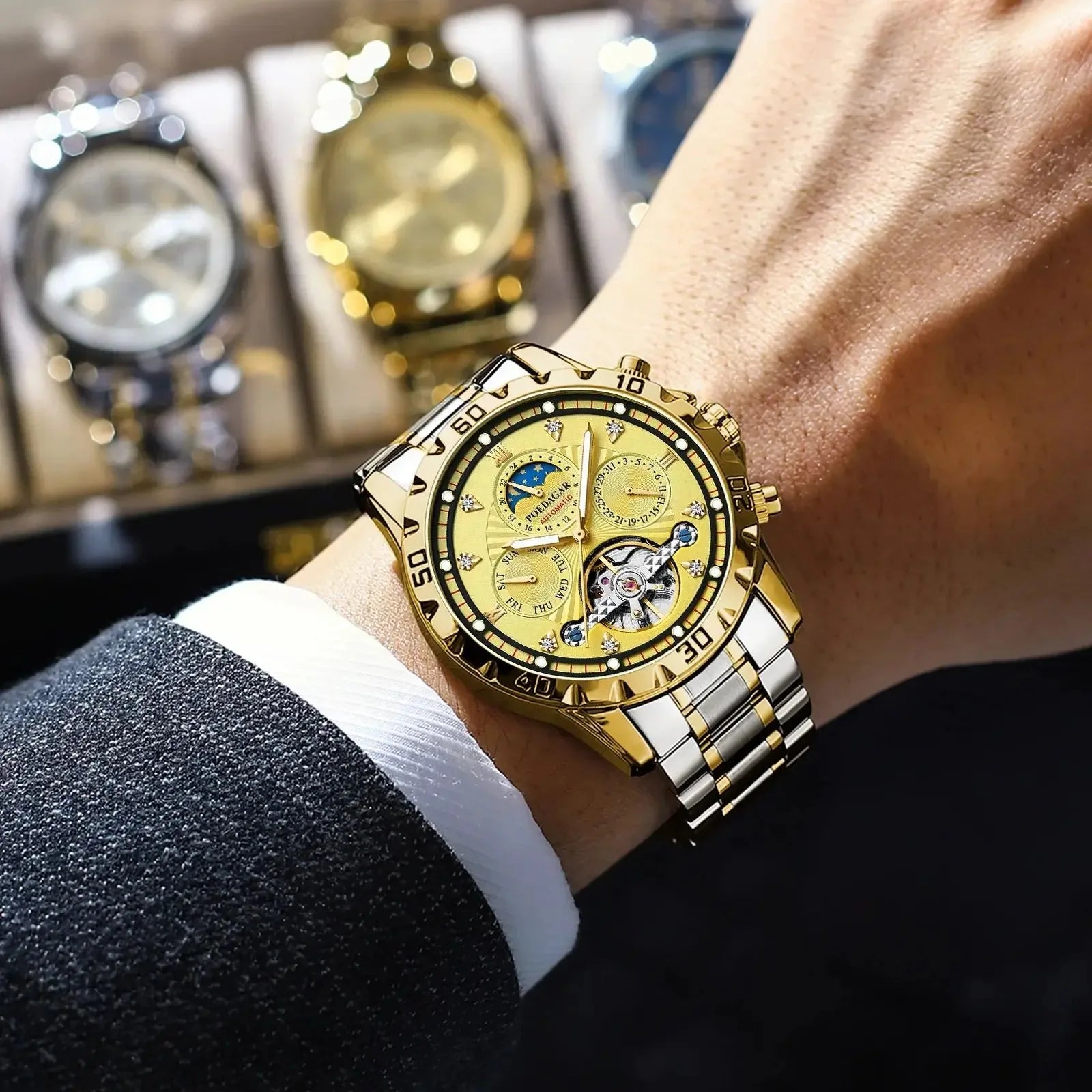 POEDAGAR 1412 Luxury Automatic Mechanical Tourbillon Waterproof Luminous Date Week Men Wristwatch Stainless Steel Men's Watches