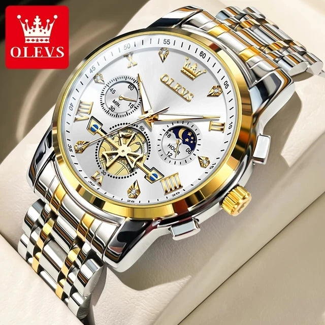 OLEVS Luxury Men's Watches Classic Roman Scale Flywheel Moon Phase Waterproof Quartz Watch for Men Classic 2856 Chronograph