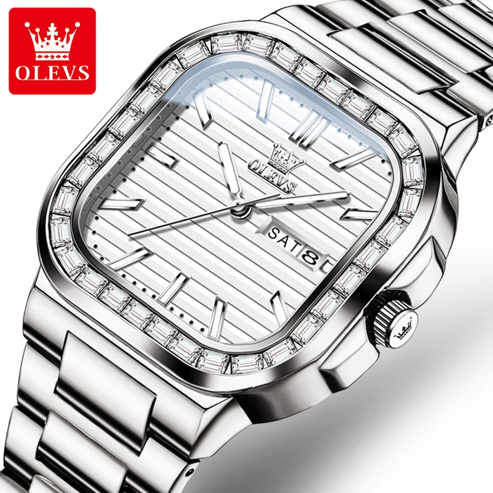 OLEVS 9966 Men's Watches Square Shape Stainless Steel Strap Diamond Calendar Dial Elegant Luxury Wristwatch for Men