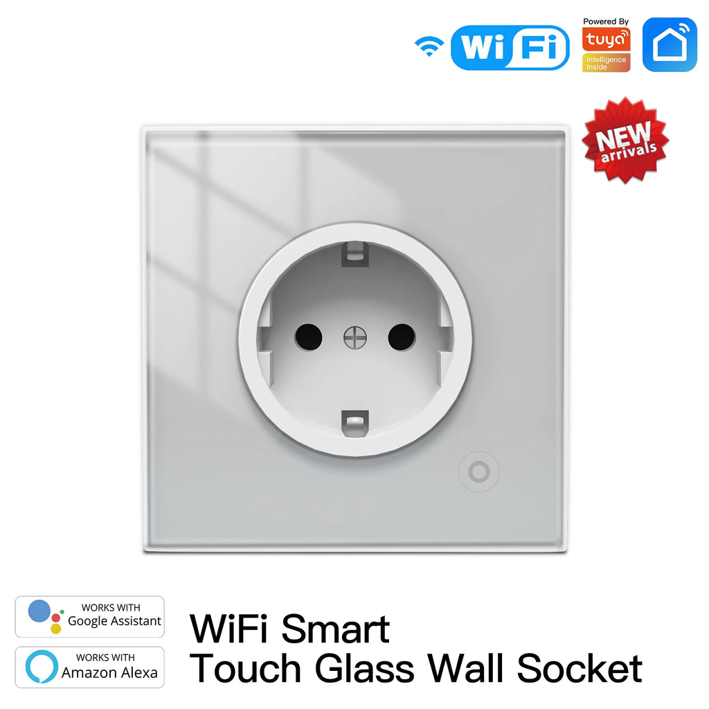 Tuya Smart Home WiFi Smart Wall Socket Glass Panel Outlet Power Monitor Extremely Soft Touch Plug Relay Status and Light Mode