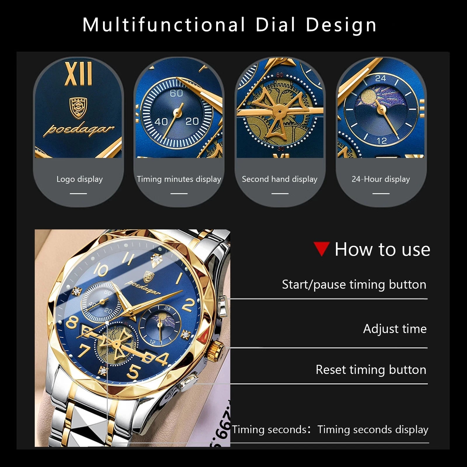 POEDAGAR Watch for Men 972 Luxury Steel Band Man Quartz Wrist Watch Waterproof Luminous Chronograph Men's Watches Reloj Clock