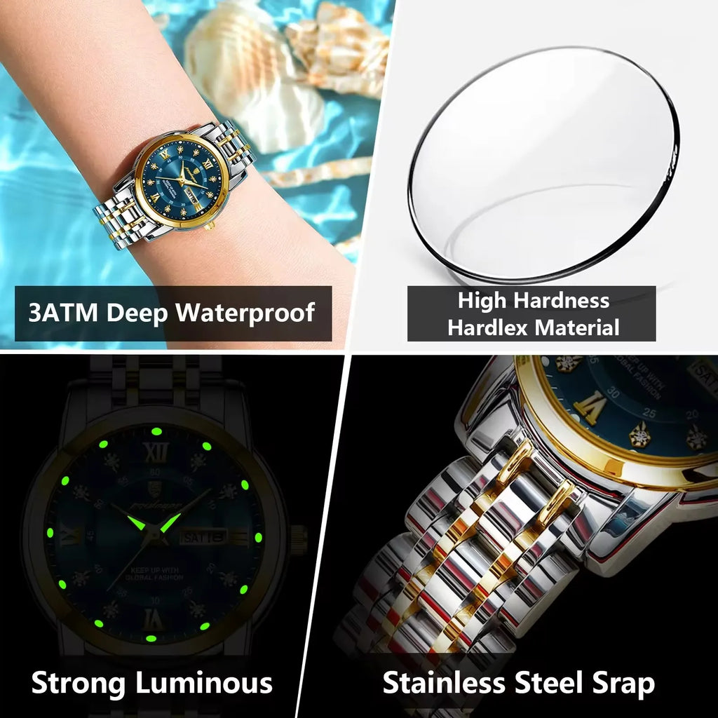 POEDAGAR Women Wristwatch 769 Luxury Diamond Quartz Ladies Watch Waterproof Stainless Steel Luminous Date Week Women's Watches
