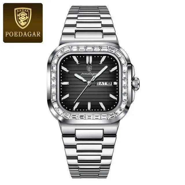POEDAGAR New Luxury Gold Blue Quartz Watch for Men Stainless Steel Waterproof Luminous Date Week Fashion Square Men's Watches