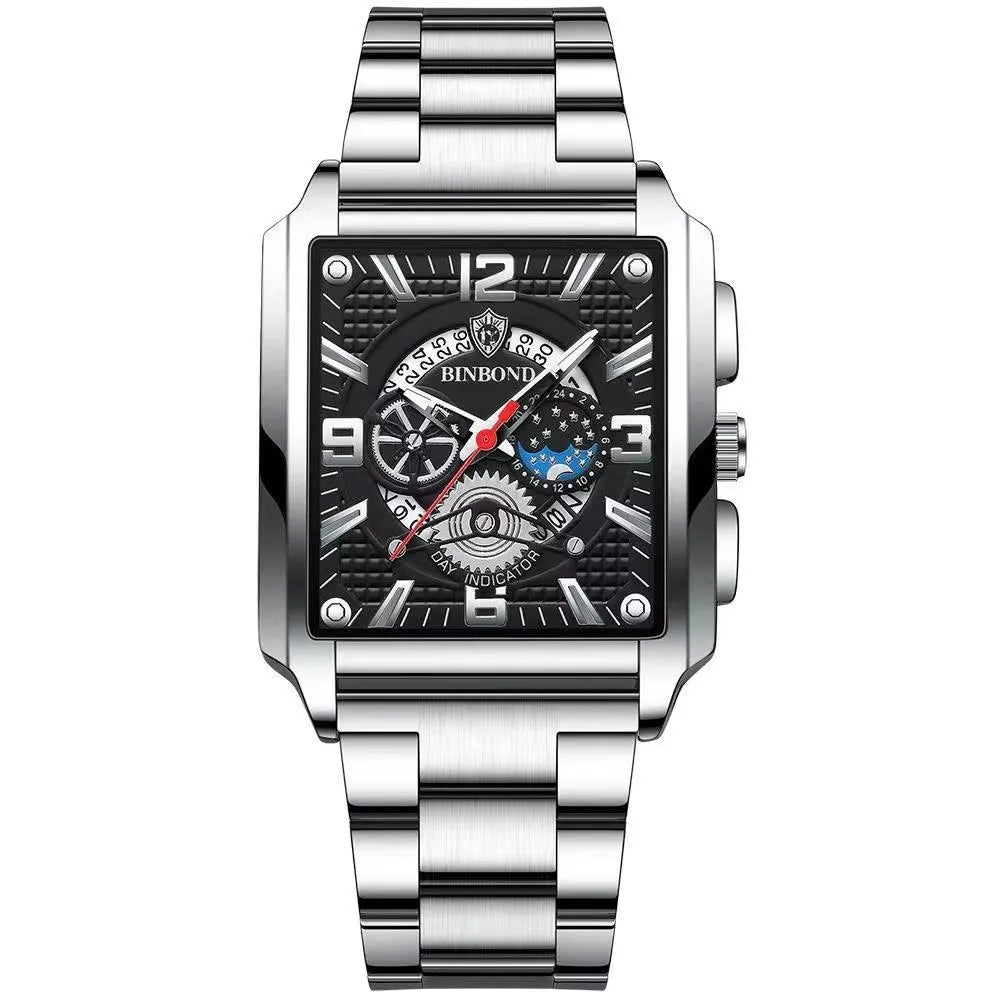 Binbond B6575 6575 Casual Square Waterproof Watch Stainless Steel Quartz Wrist Genuine Leather Belt Luminous Hands Men's Watches