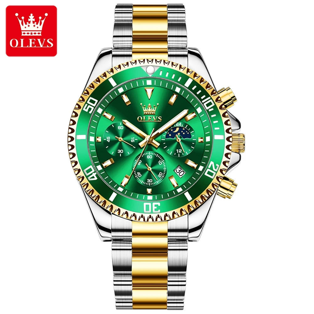 OLEVS 2870 Men's Watches Luxury Watch for Men Original Waterproof Stainless Steel Wristwatch Moon Phase Date Rota Dial