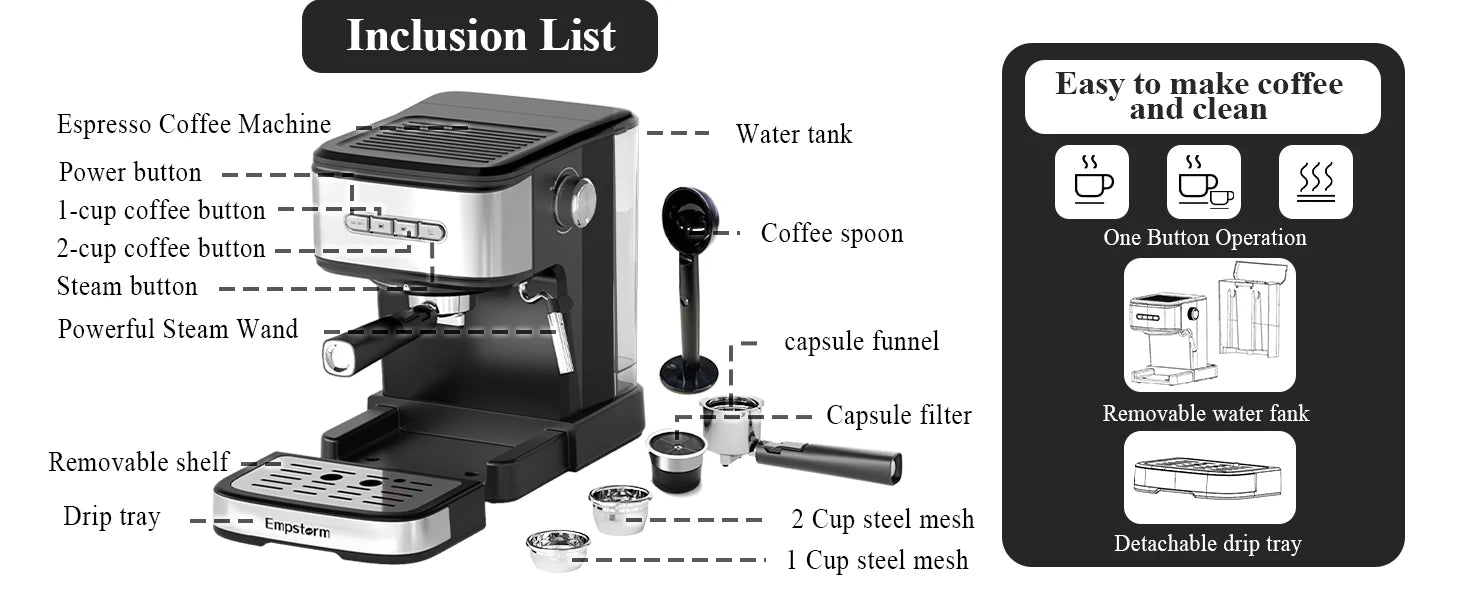Empstorm 2 in 1 Capsule and Powder Semi-Automatic Coffee Machine Makes Espressos Lattes Cappuccinos for Office Home Hotel Use