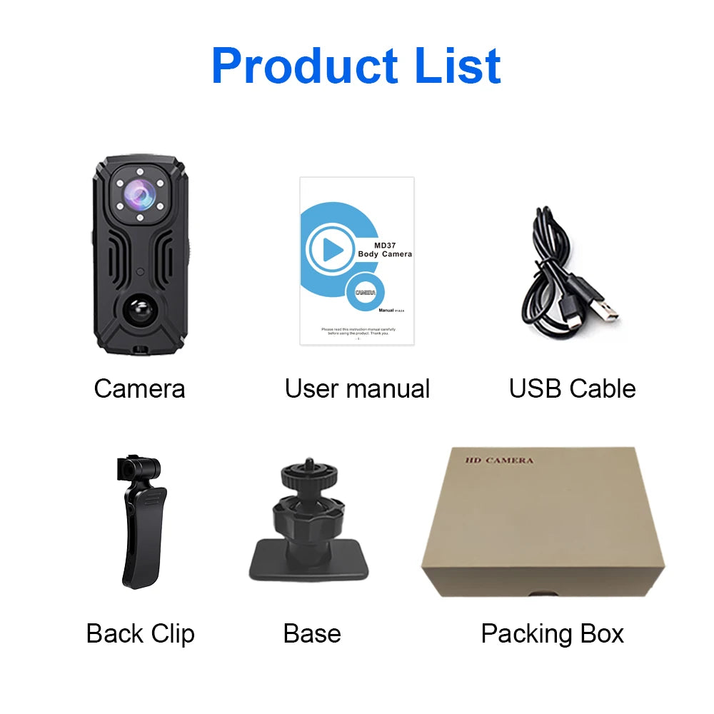 MD37 1080P Mini Body Camera Home Security HD Mini Surveillance Cameras APP Live Video on Mobile Phone Recorder With Back Clip