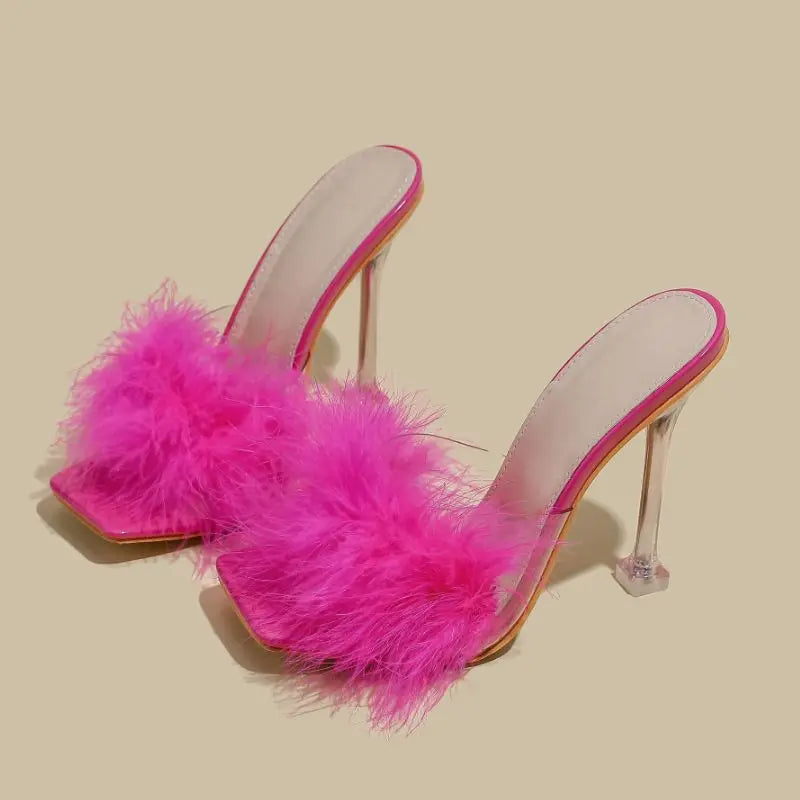 Feather Fur New Fashion Summer Spring Cute  Mules Lady  Sandals Slippers Elegant 2025 Heels for Women