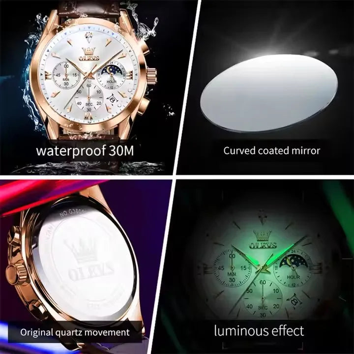 OLEVS New TOP Luxury 3609 Band Wristwatch Men Leather Strap Watch Men Auto Date Chronograph Moon Phase Waterproof Men's Watches