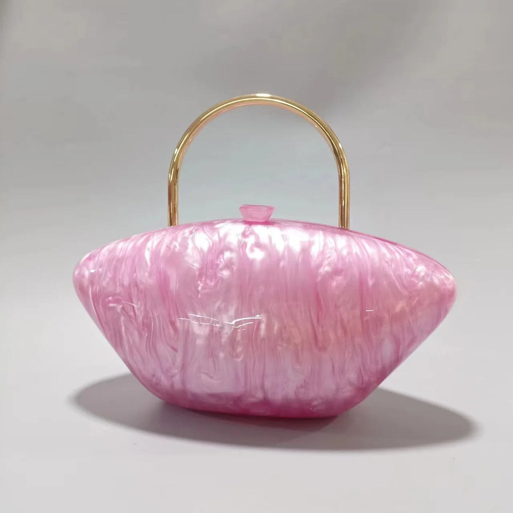 Women Handbags Acrylic Luxury Party Evening Bag Woman Metal Handle Box Clutch Purse Shell-Shaped Oval Wallets Sac a Main Femme