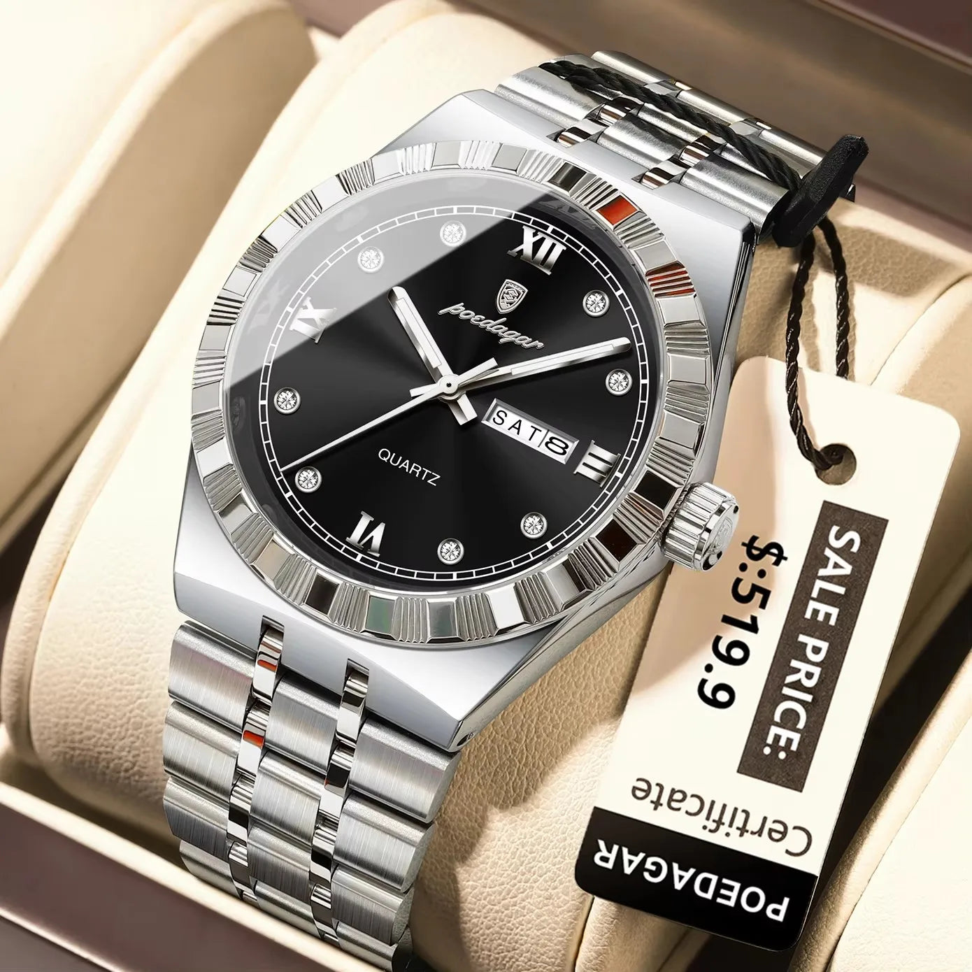 POEDAGAR 872 Week Date Watch Men Life Waterproof Original Diamond Wristwatch Quartz Reloj Luminous Stainless Steel Men's Watches