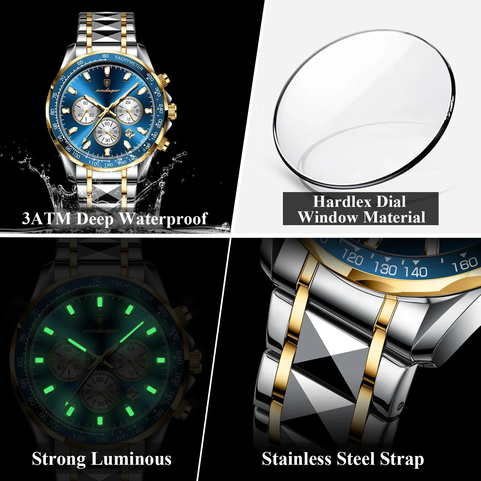 POEDAGAR Sports Watch Wrist Men Stainless Steel Quartz Watches Waterproof Luminous Date Chronograph Men's Watches Reloj Clock