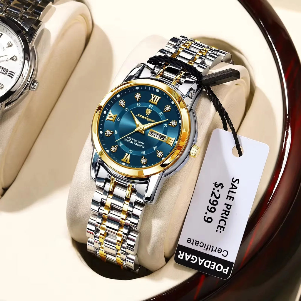 POEDAGAR Women Wristwatch 769 Luxury Diamond Quartz Ladies Watch Waterproof Stainless Steel Luminous Date Week Women's Watches