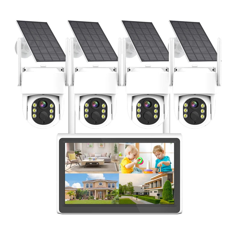 Rscamtom 4MP Solar Power Two Way Audio PTZ Camera Wifi NVR System 4CH Solar Lcd Monitor Cctv Kit Wireless Security Camera