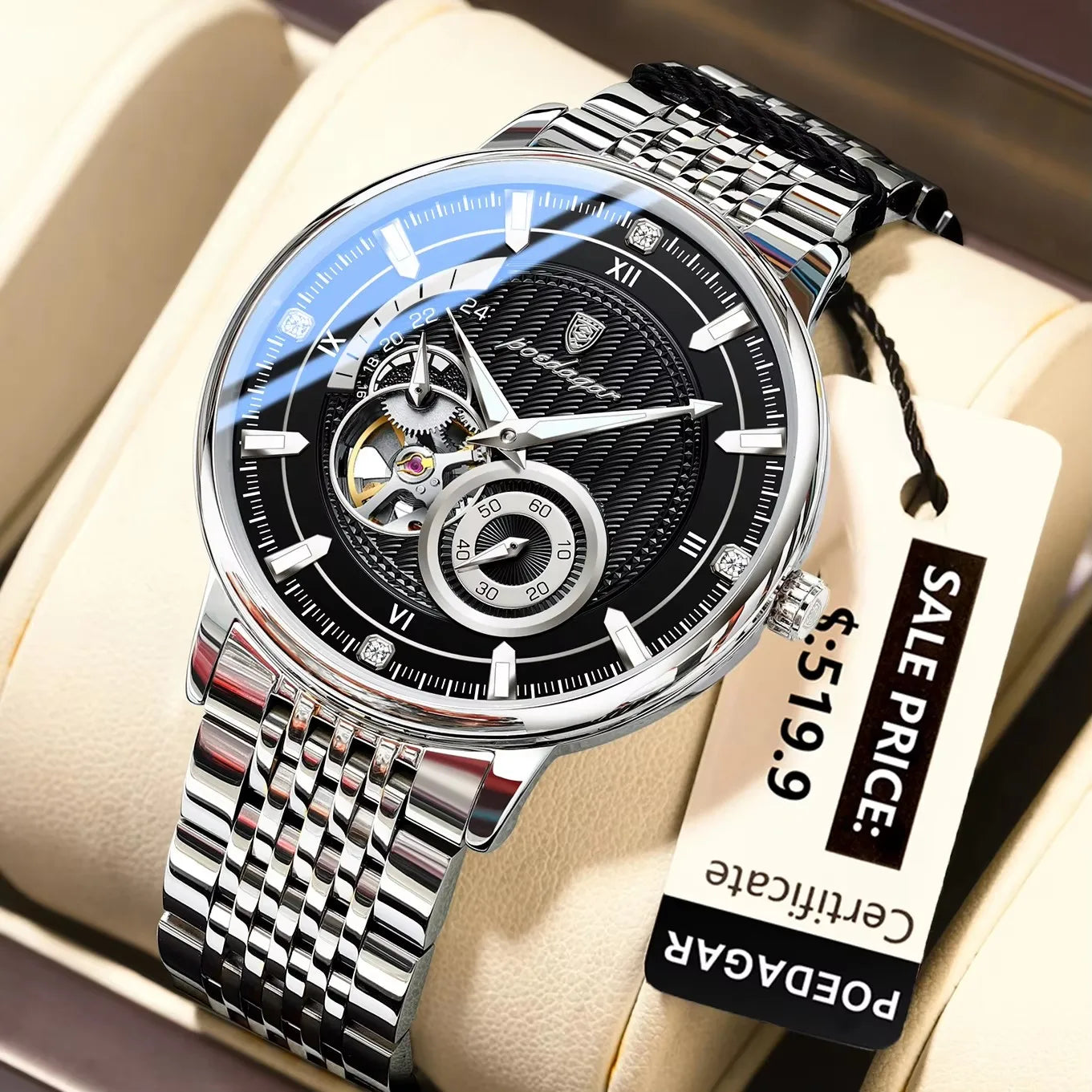 POEDAGAR 1416 Stainless Steel Men Waterproof Automatic New Luxury Man Watch Tourbillon Mechanical Hollow Out Men's Watches