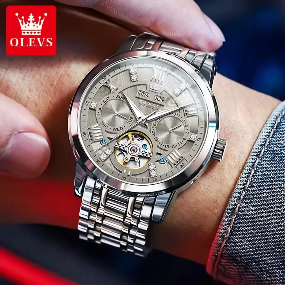 OLEVS 6701 Tourbillon Mechanical Skeleton Hollow Out Men's Watches Automatic Stainless Steel Strap Original Wristwatch for Men