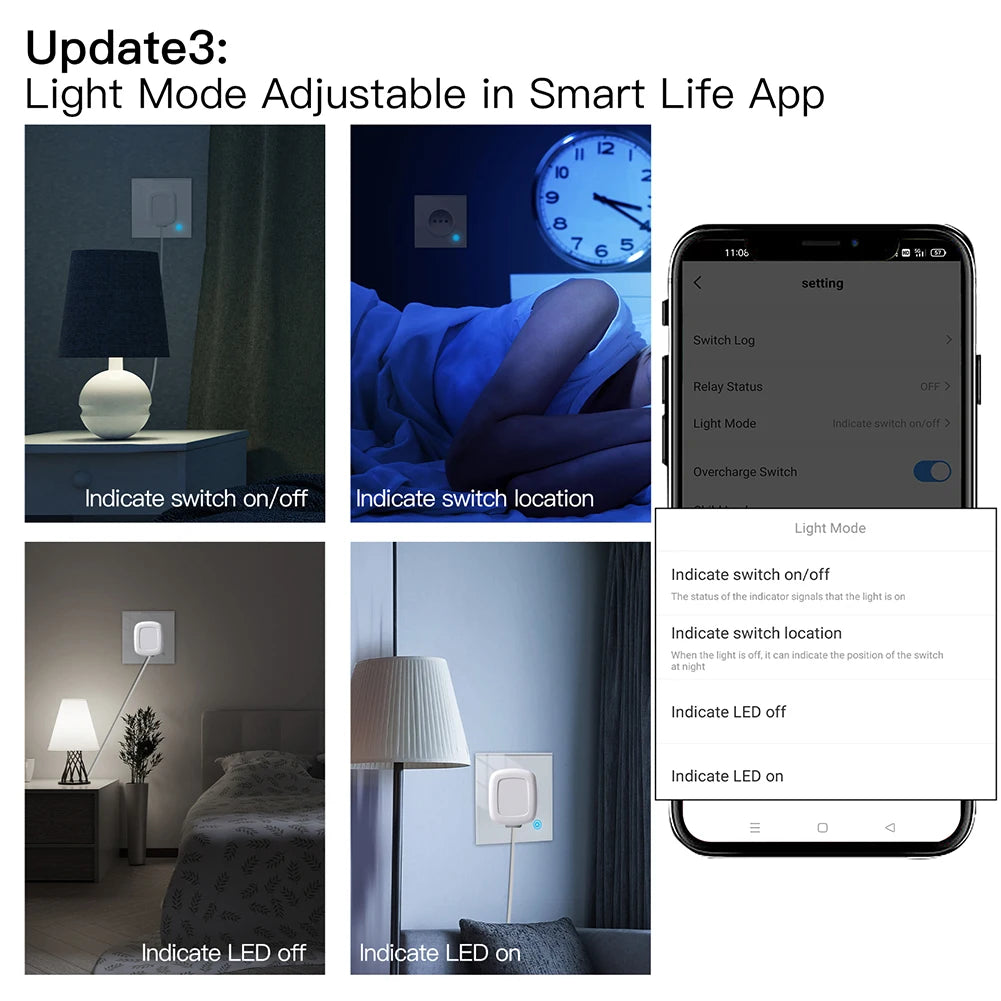 Tuya Smart Home WiFi Smart Wall Socket Glass Panel Outlet Power Monitor Extremely Soft Touch Plug Relay Status and Light Mode