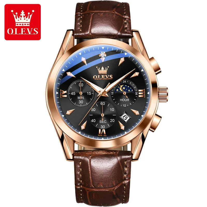 OLEVS New TOP Luxury 3609 Band Wristwatch Men Leather Strap Watch Men Auto Date Chronograph Moon Phase Waterproof Men's Watches
