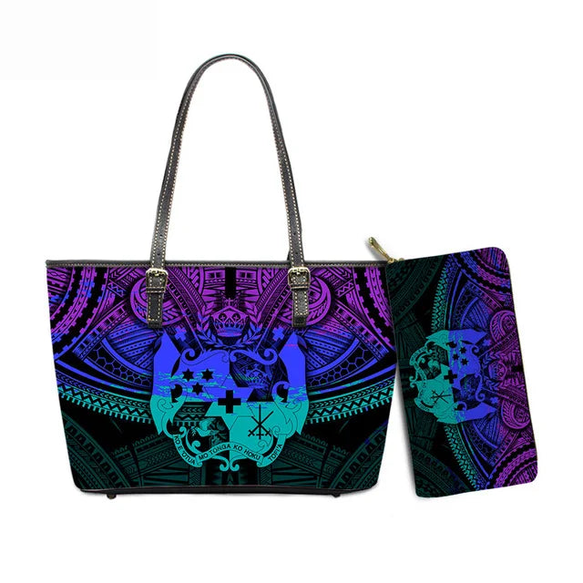Hawaiian Flower Polynesian Design Print Women Handbags and Purses Set Customized Large Leather Tote Matching Long Zipper Wallet
