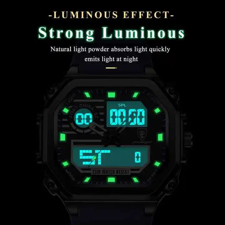 POEDAGAR 993 Luminous Week Date Square Wristwatch Sports LED Men Watch Waterproof Silicone Strap Electronic Quartz Men's Watches