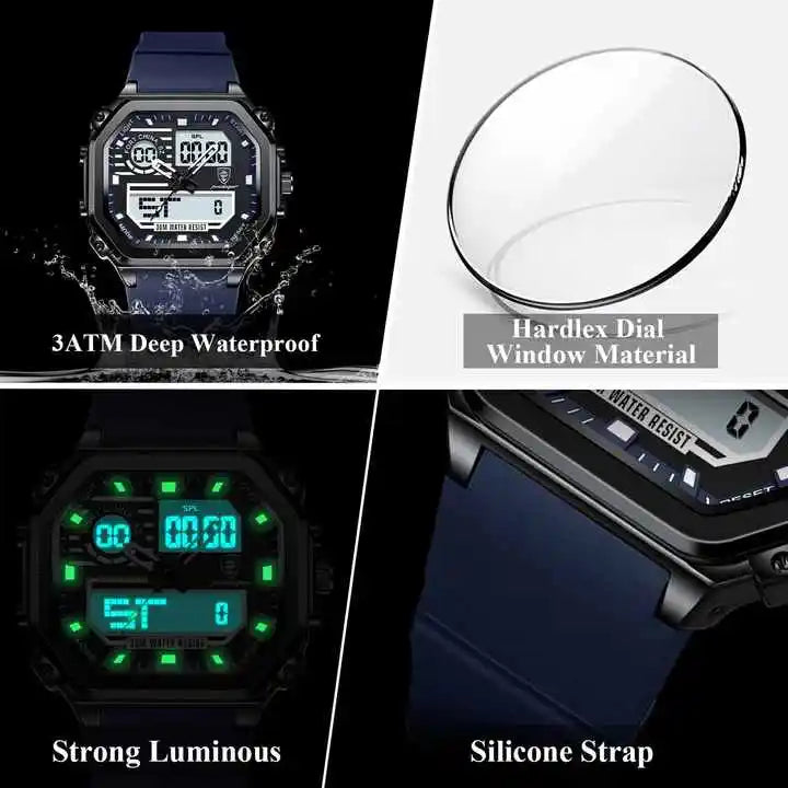 POEDAGAR 993 Sports LED Men Watch Waterproof Luminous Week Date Square Wristwatch Silicone Strap Electronic Quartz Men's Watches