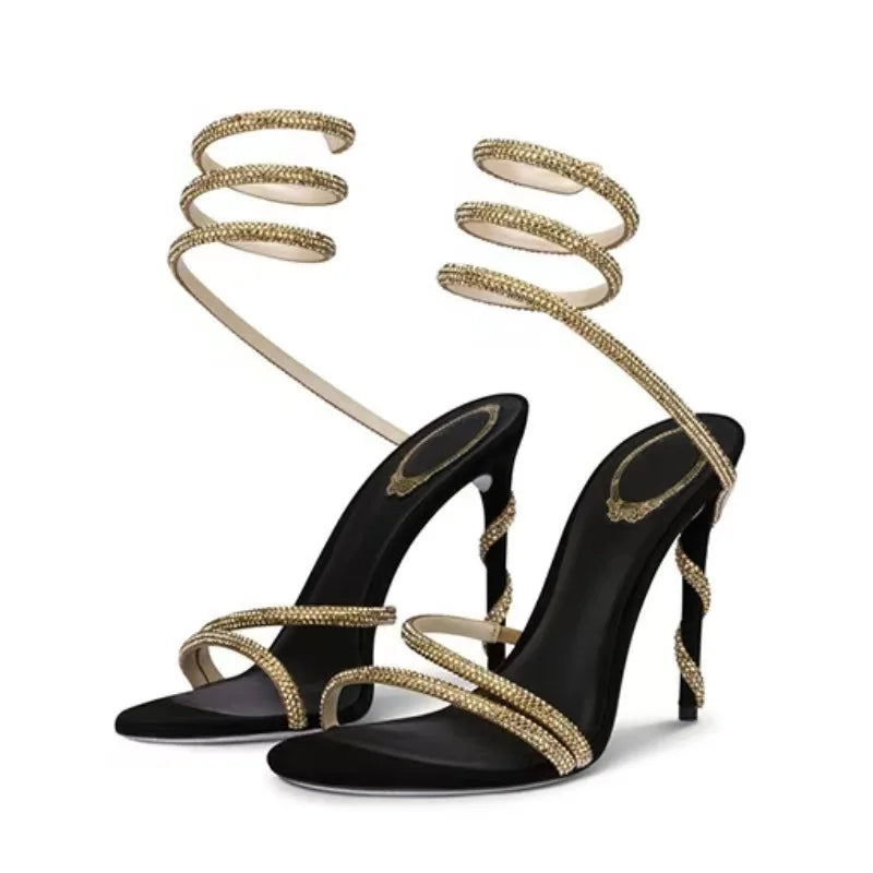 Rome Open Toe Woman Sandals Sexy Thin High Heels Fashionable Snake Straps Breathable Ankle-Style Party Prom Shoes for Wedding