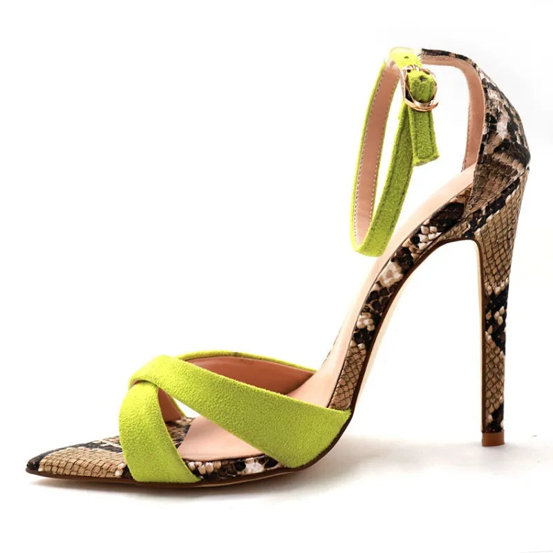 2019 Women Pointed Toe Ankle Strap Faux Suede Snake Print Stiletto High Heels Sandals