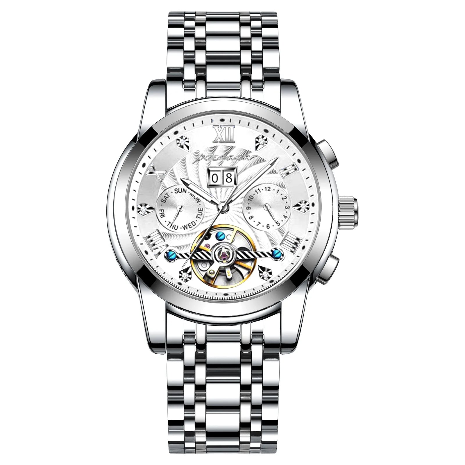 POEDAGAR 1408 Waterproof Date Stainless Steel Belt Men's Watches Luxury Hollow Tourbillon Automatic Mechanical Men Wrist Watch
