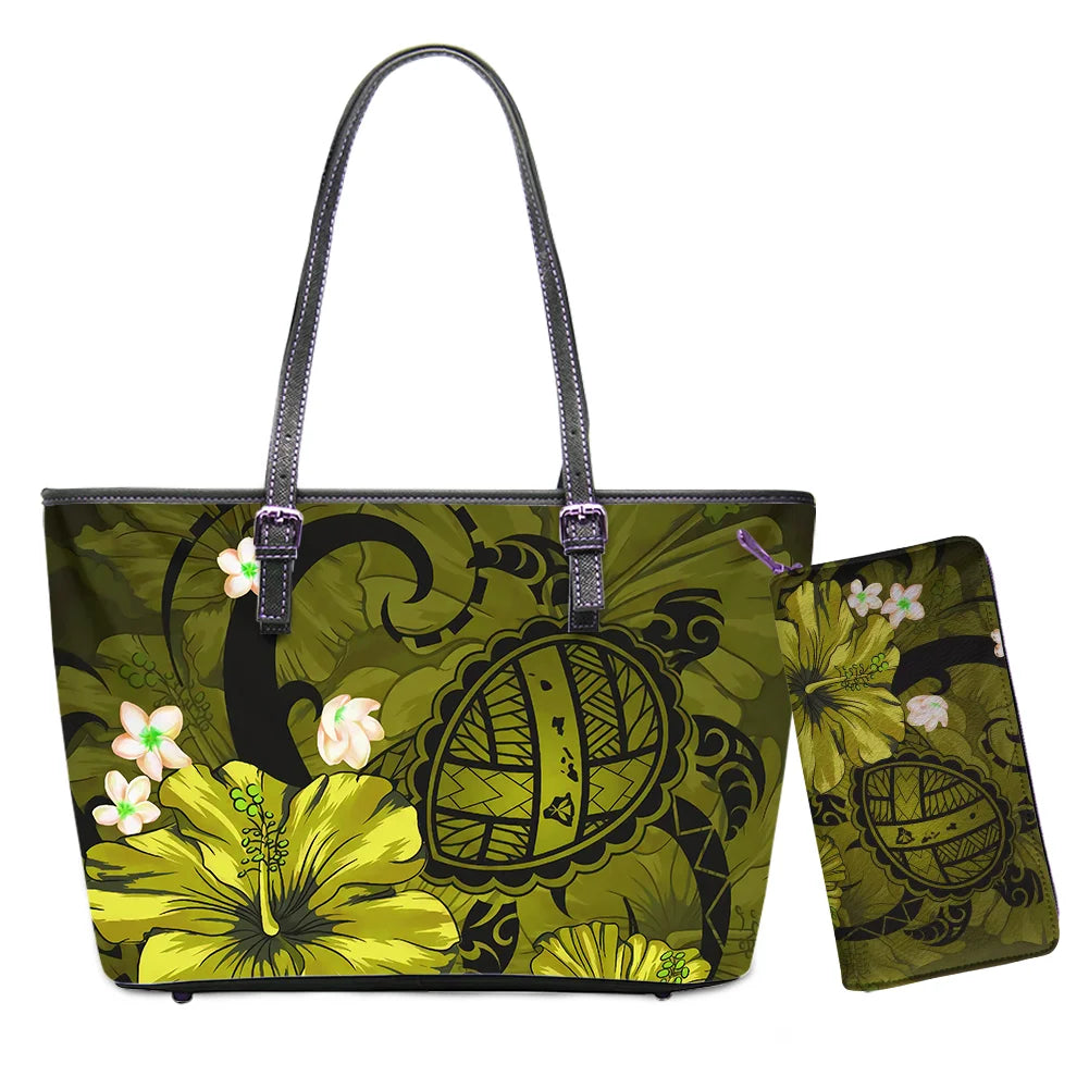 Hawaiian Flower Polynesian Design Print Women Handbags and Purses Set Customized Large Leather Tote Matching Long Zipper Wallet