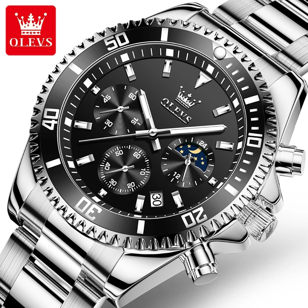 OLEVS 2870 Men's Watches Luxury Watch for Men Original Waterproof Stainless Steel Wristwatch Moon Phase Date Rota Dial