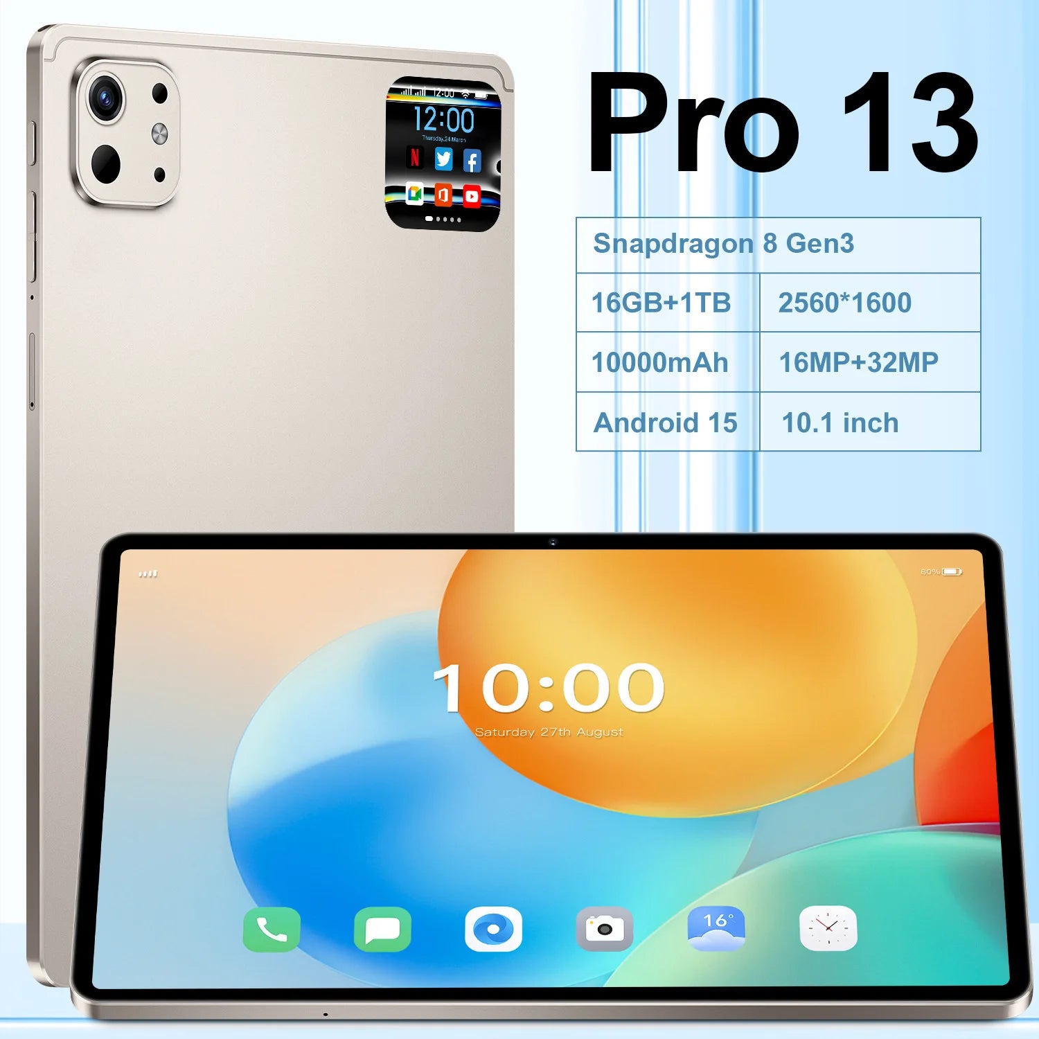10.1 Inch Android 15 2-in-1 Tablet 16GB RAM 1TB ROM Octa-Core MTK 4G Dual SIM New 1920x1200 Business Study Education 2.0GHz Drop