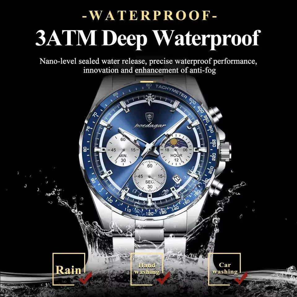 POEDAGAR 879 Chronograph Date Man Quartz Men's Watches Stainless Steel Original Men Clock Sports Watch Waterproof Luminous Reloj