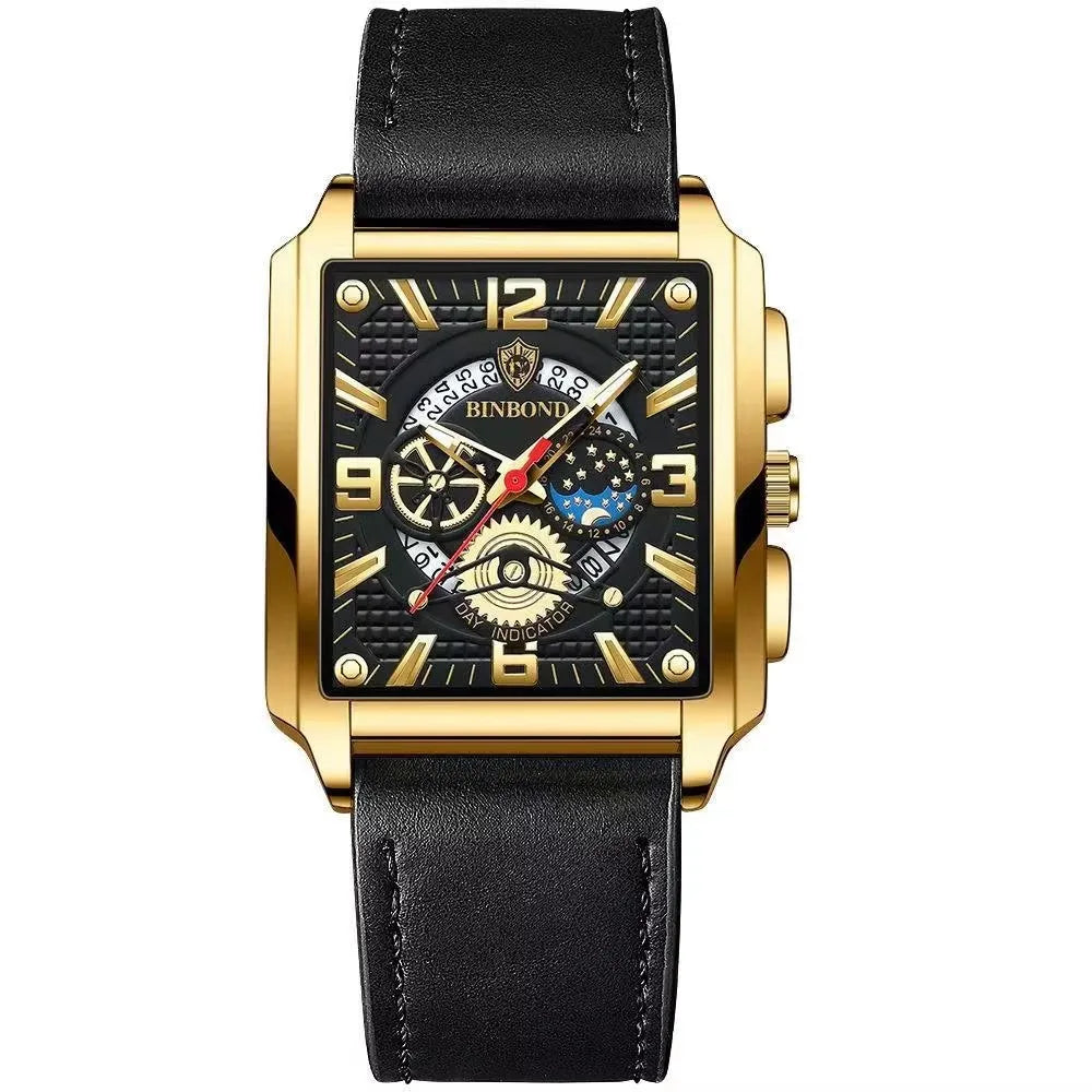 Binbond B6575 6575 Watch Stainless Steel Quartz Wrist Genuine Casual Square Waterproof Leather Belt Luminous Hands Men's Watches