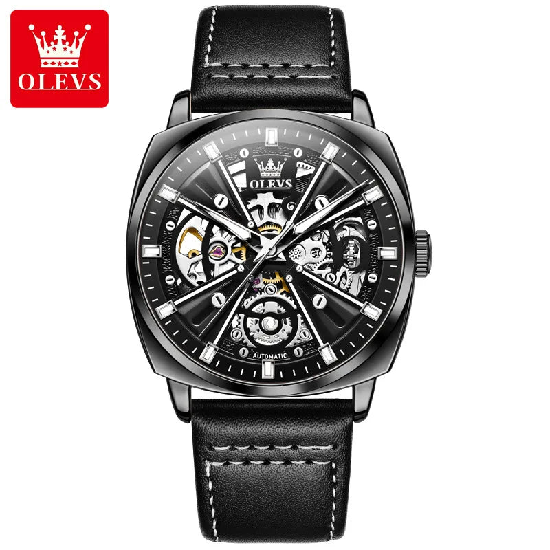 2024 OLEVS 6685 Automatic Men's Watches Hollow Out Style Automatic Mechanical Wristwatch Waterproof Luminous Leather Men's Watch