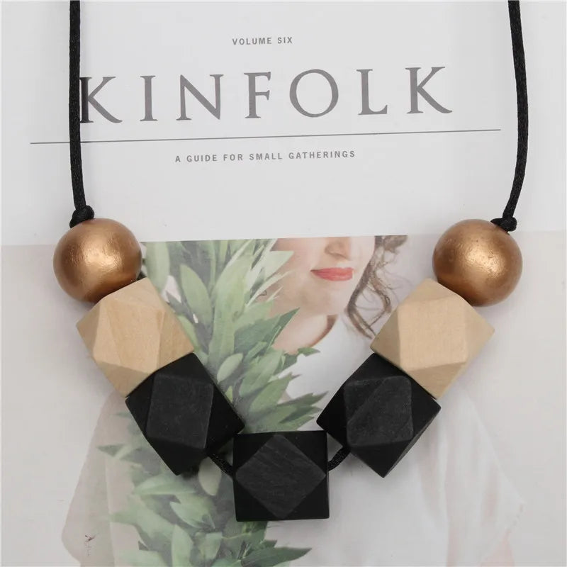 New Wood Geometric Necklace Painted Chunky Faceted Wooden Beads Ball Chunky Leather Cord Brown Black Statement