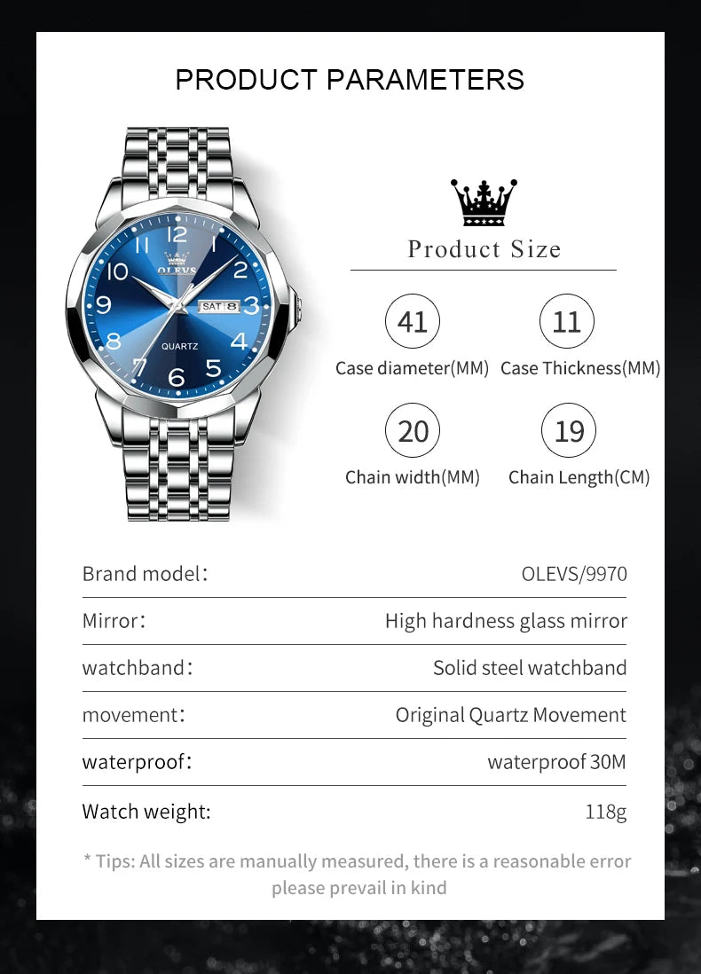OLEVS 9970 Hot Waterproof Men's Watches Digital Quartz Watch for Man Luminous Stainless Steel Wristwatch Male Date Week