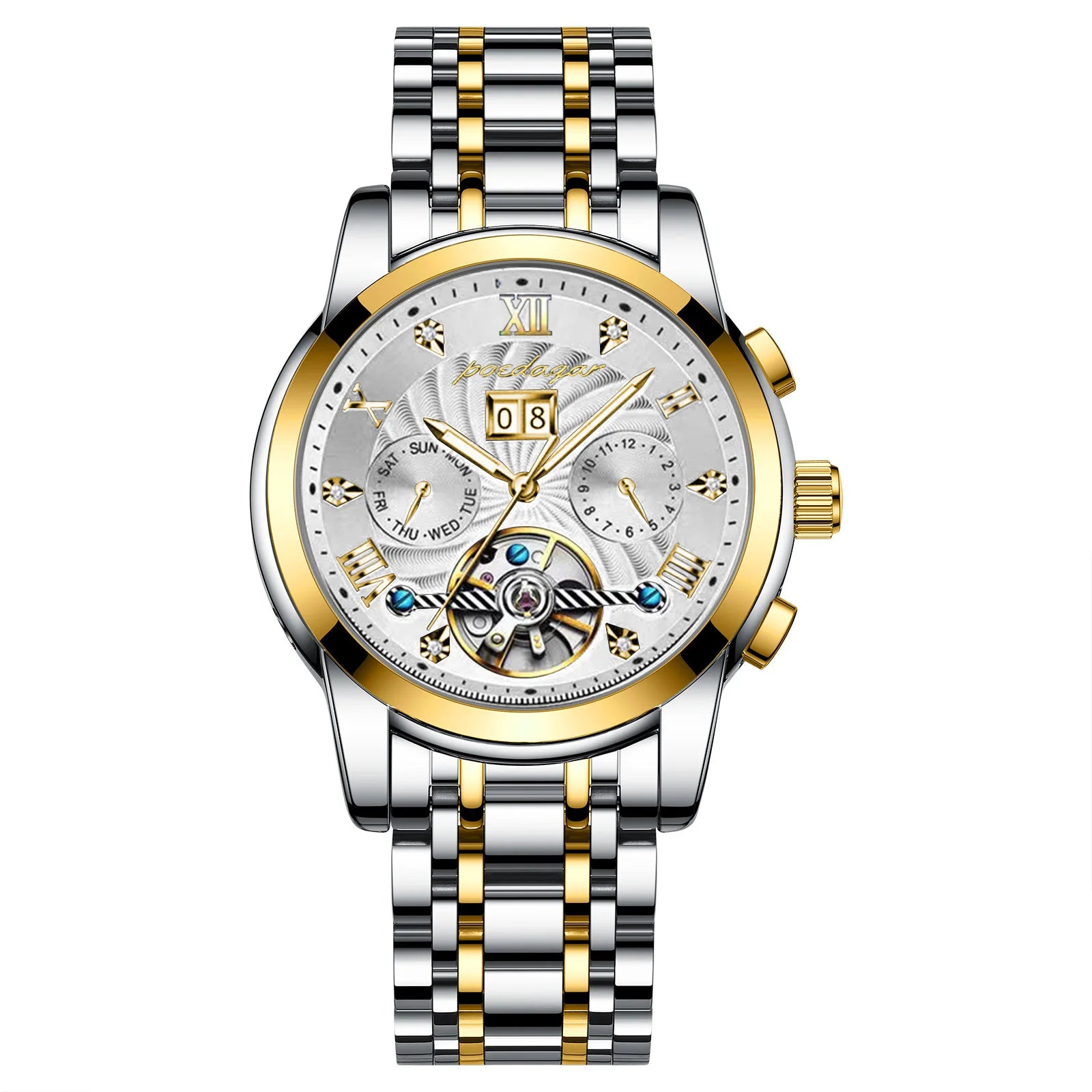 POEDAGAR 1408 Waterproof Date Stainless Steel Belt Men's Watches Luxury Hollow Tourbillon Automatic Mechanical Men Wrist Watch