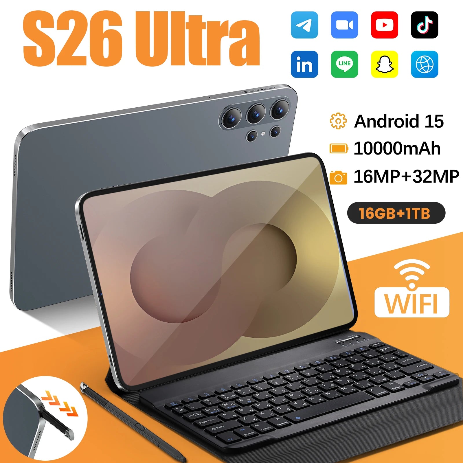 Imaging Flagship S26 Ultra Android 15 Tablet 16MP Front 32MP Rear Camera 10.1" 2.5K IPS Screen Snapdragon 8 Gen4 16GB+1TB PC