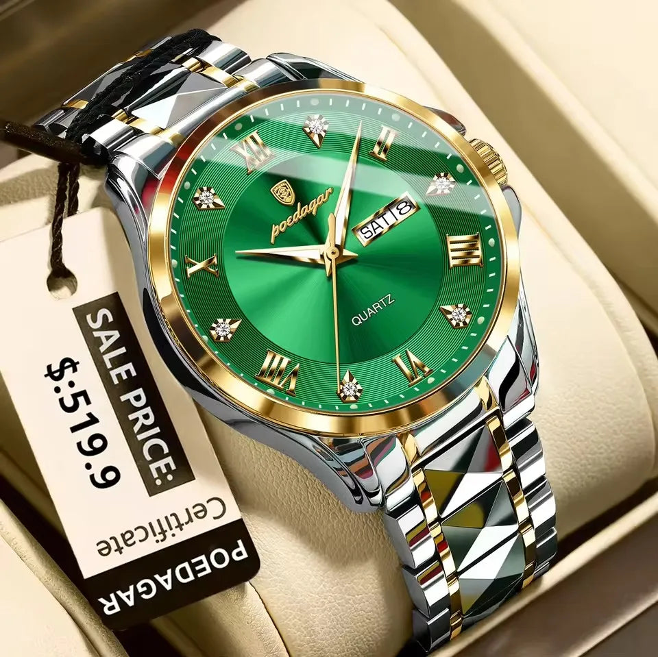 POEDAGAR 883 Date Week Man Wristwatch Stainless Steel Belt Fashion Men Clock Waterproof Luminous Quartz Men's Watches Male Reloj