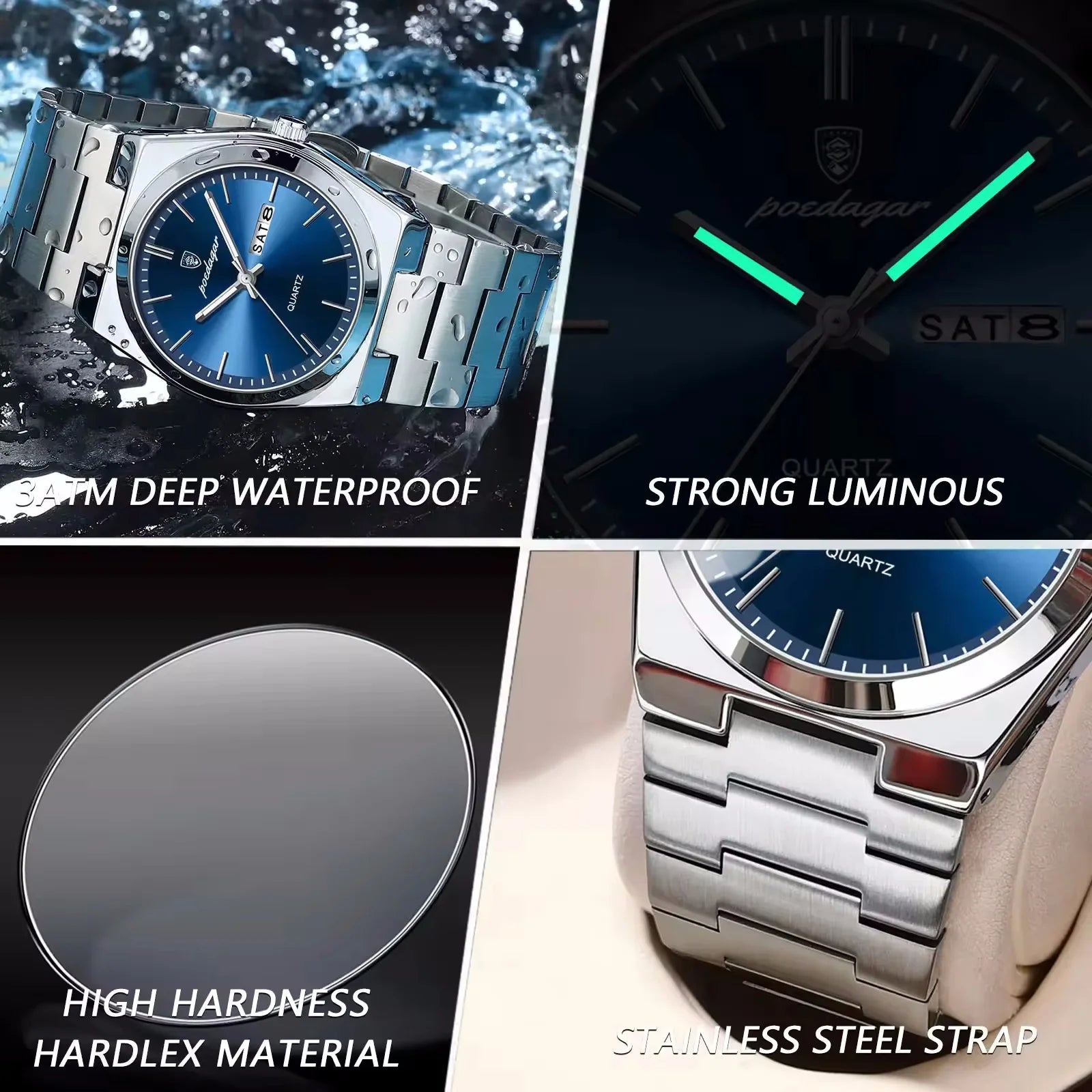 POEDAGAR 930 New Luxury Watch for Men Steel Man Wristwatch Quartz Clock Waterproof Luminous Date Week Men's Watches Reloj