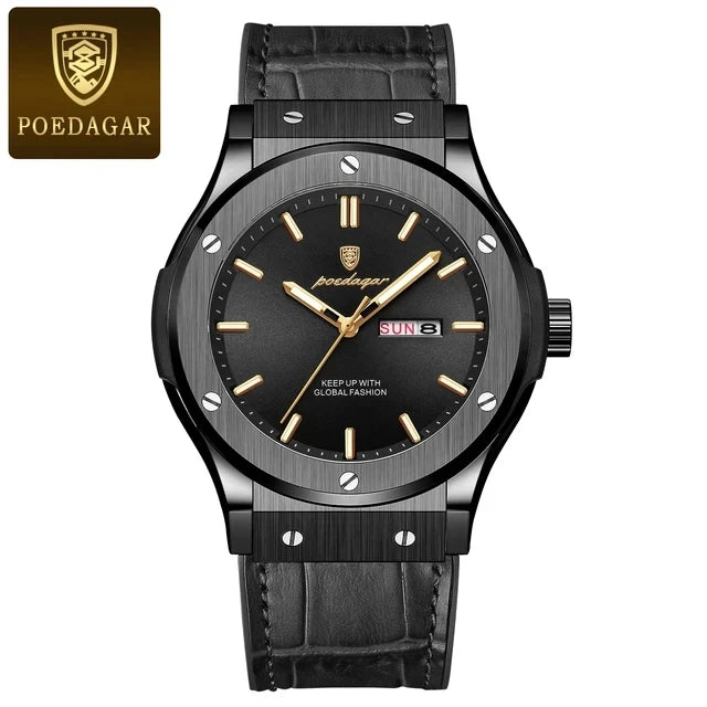 POEDAGAR Fashion Men's Watches Trend Classic Classic Quartz Watch for Man Waterproof Luminous Week Date Wristwatch Leather 952