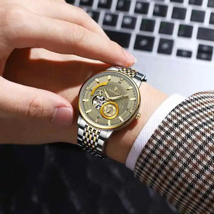 POEDAGAR 1416 Stainless Steel Men Waterproof Automatic New Luxury Man Watch Tourbillon Mechanical Hollow Out Men's Watches
