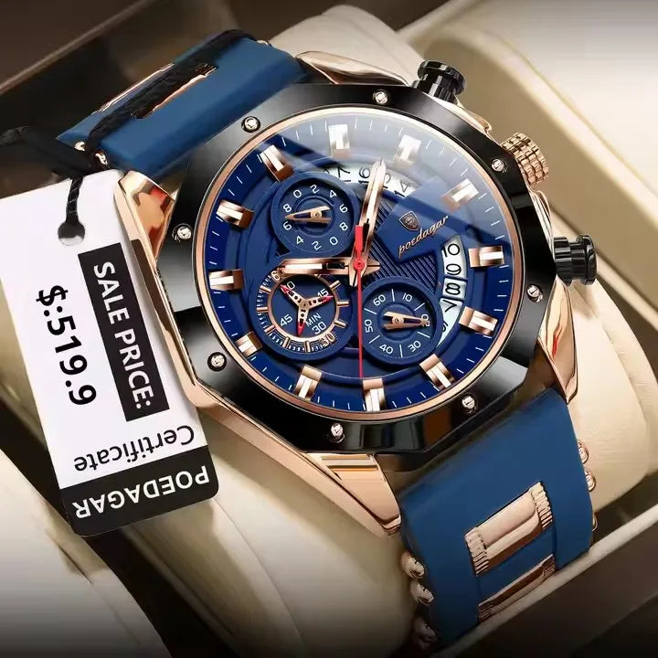POEDAGAR 913 New Luxury Men Watch Waterproof Luminous Date Sport Man Wristwatch Chronograph Silicone Strap Quartz Men's Watches