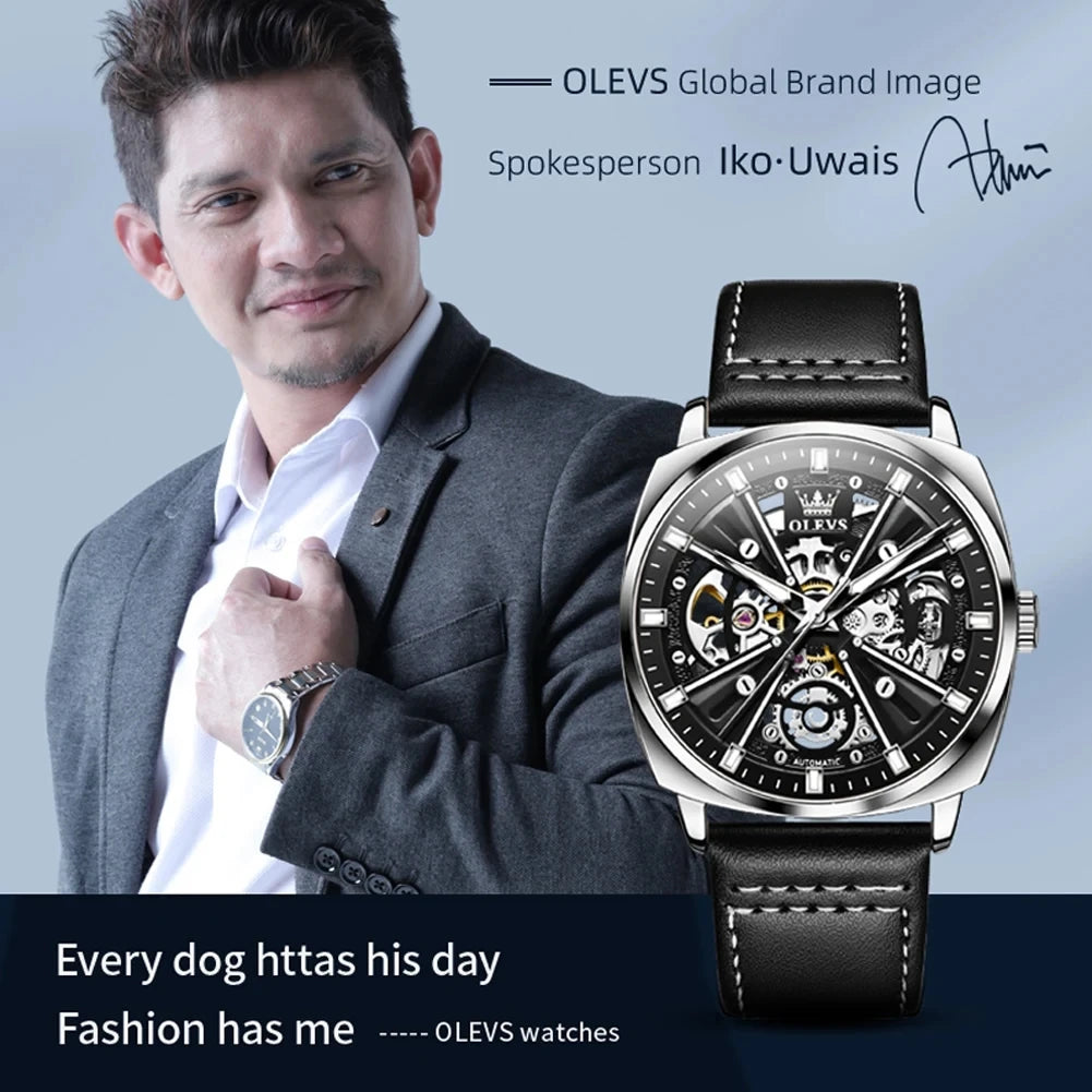 2024 OLEVS 6685 Automatic Men's Watches Hollow Out Style Automatic Mechanical Wristwatch Waterproof Luminous Leather Men's Watch