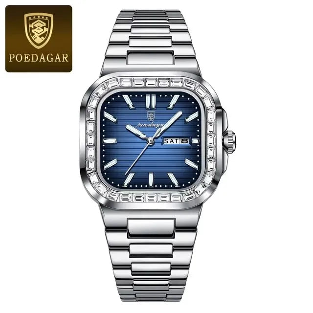 POEDAGAR New Luxury Gold Blue Quartz Watch for Men Stainless Steel Waterproof Luminous Date Week Fashion Square Men's Watches