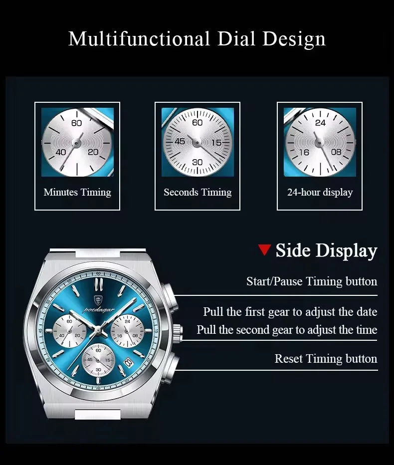 POEDAGAR 970 New Luxury Man Quartz Watch Sport Watch for Men Waterproof Luminous Date Chronograph Stainless Steel Men's Watches